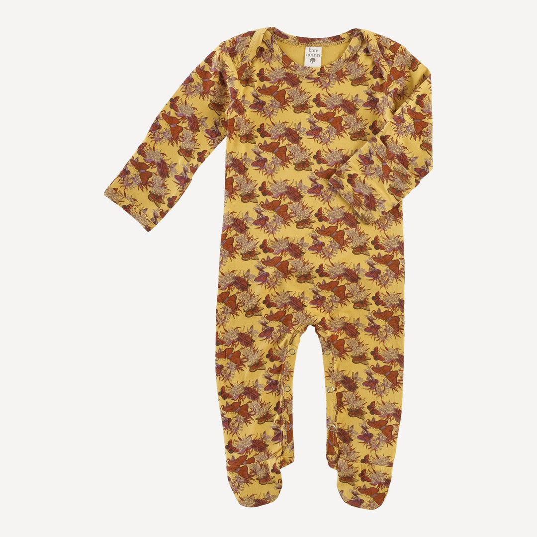 AS IS! long sleeve lap neck footie | gold butterflies and milkweed | bamboo