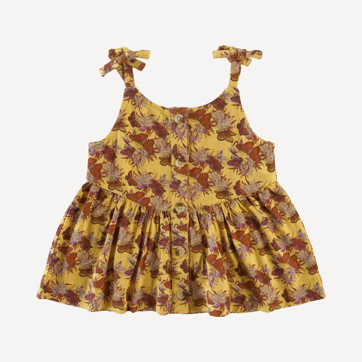 AS IS! spaghetti tie button front v-waist top | gold butterflies and milkweed | bamboo