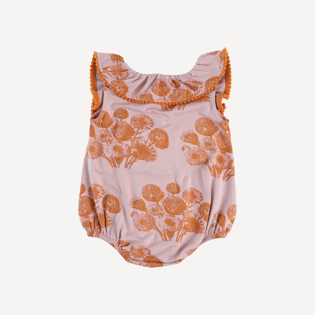 sleeveless ruffle button pom pom bubble | caramel dahlia | bamboo