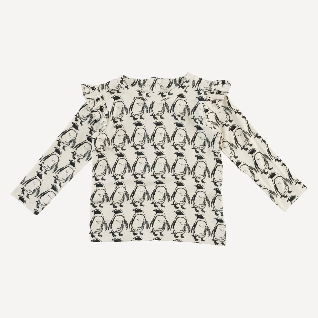 long sleeve shoulder ruffle top | penguin | bamboo