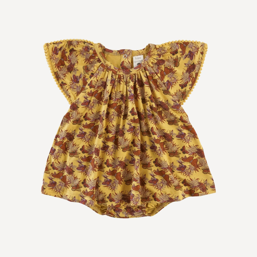 AS IS! flutter sleeve pom pom dress bubble | gold butterflies and milkweed | bamboo