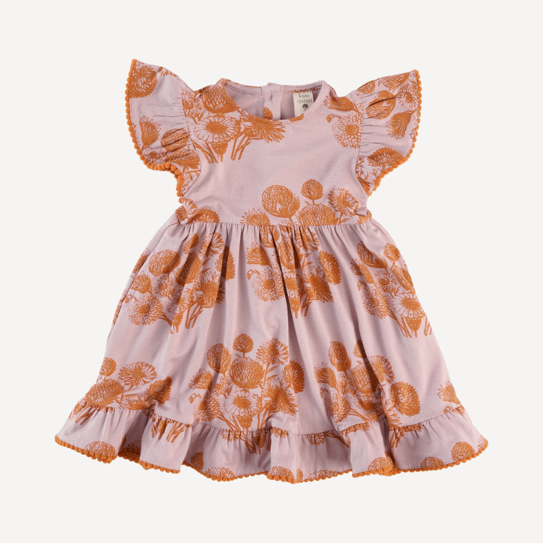 flutter sleeve pom pom pinafore dress | caramel dahlia | bamboo