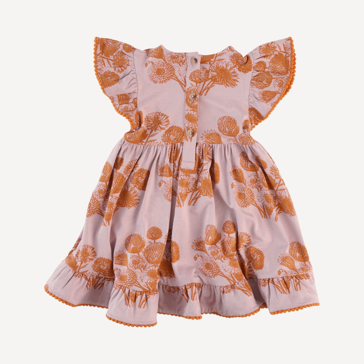 flutter sleeve pom pom pinafore dress | caramel dahlia | bamboo