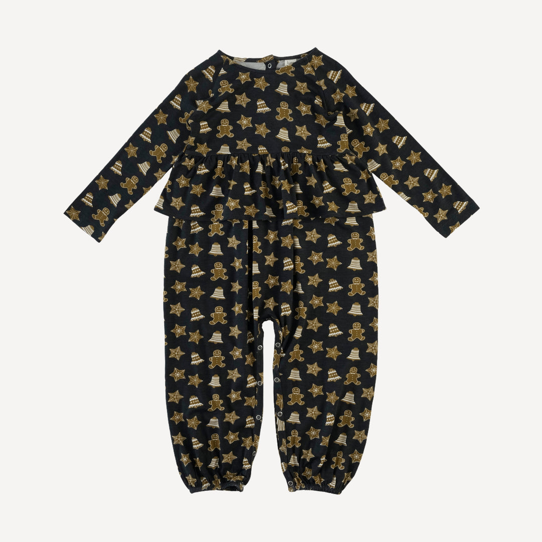 long sleeve ruffle romper | gingerbread cookies | bamboo