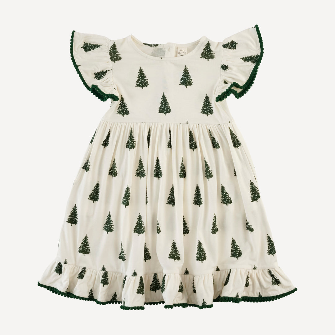 flutter sleeve pom pom pinafore dress | mountain pine | bamboo