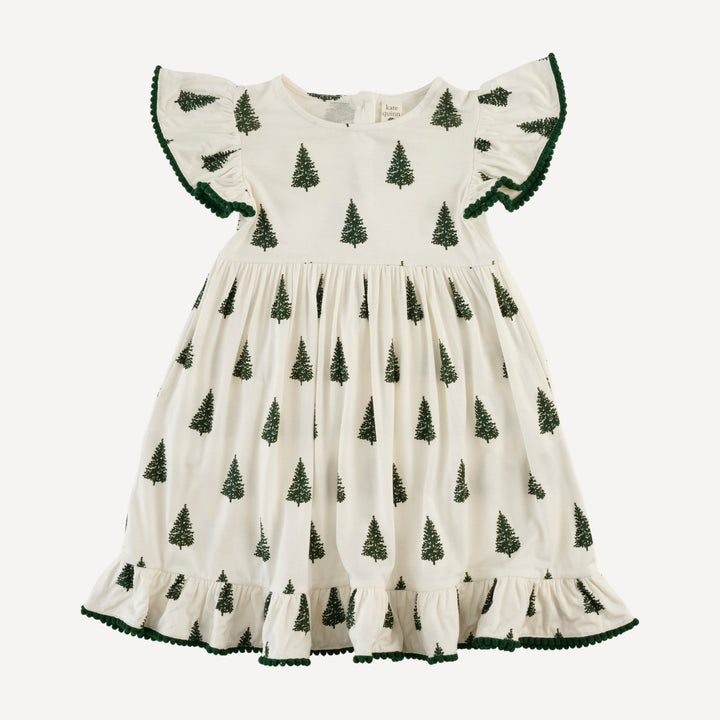 flutter sleeve pom pom pinafore dress | mountain pine | bamboo
