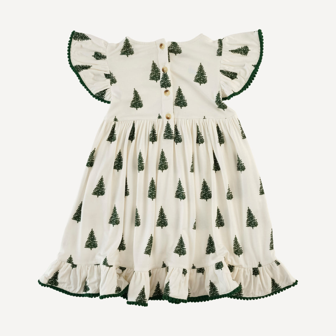 flutter sleeve pom pom pinafore dress | mountain pine | bamboo