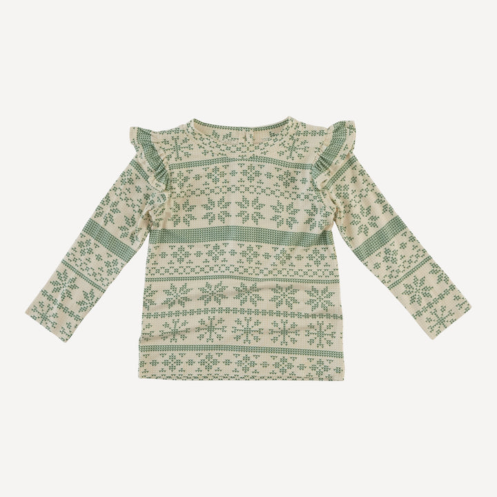 long sleeve shoulder ruffle top | green nordic snowflake | bamboo