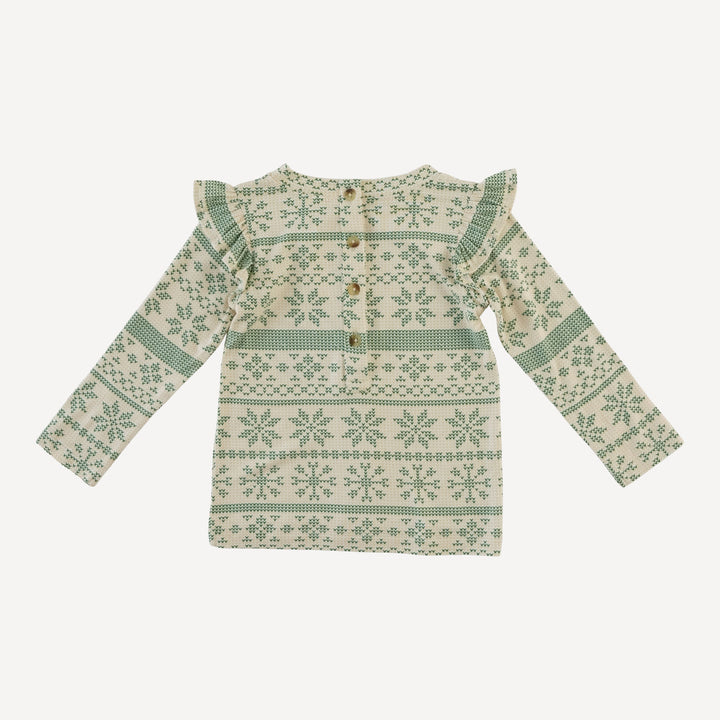 long sleeve shoulder ruffle top | green nordic snowflake | bamboo