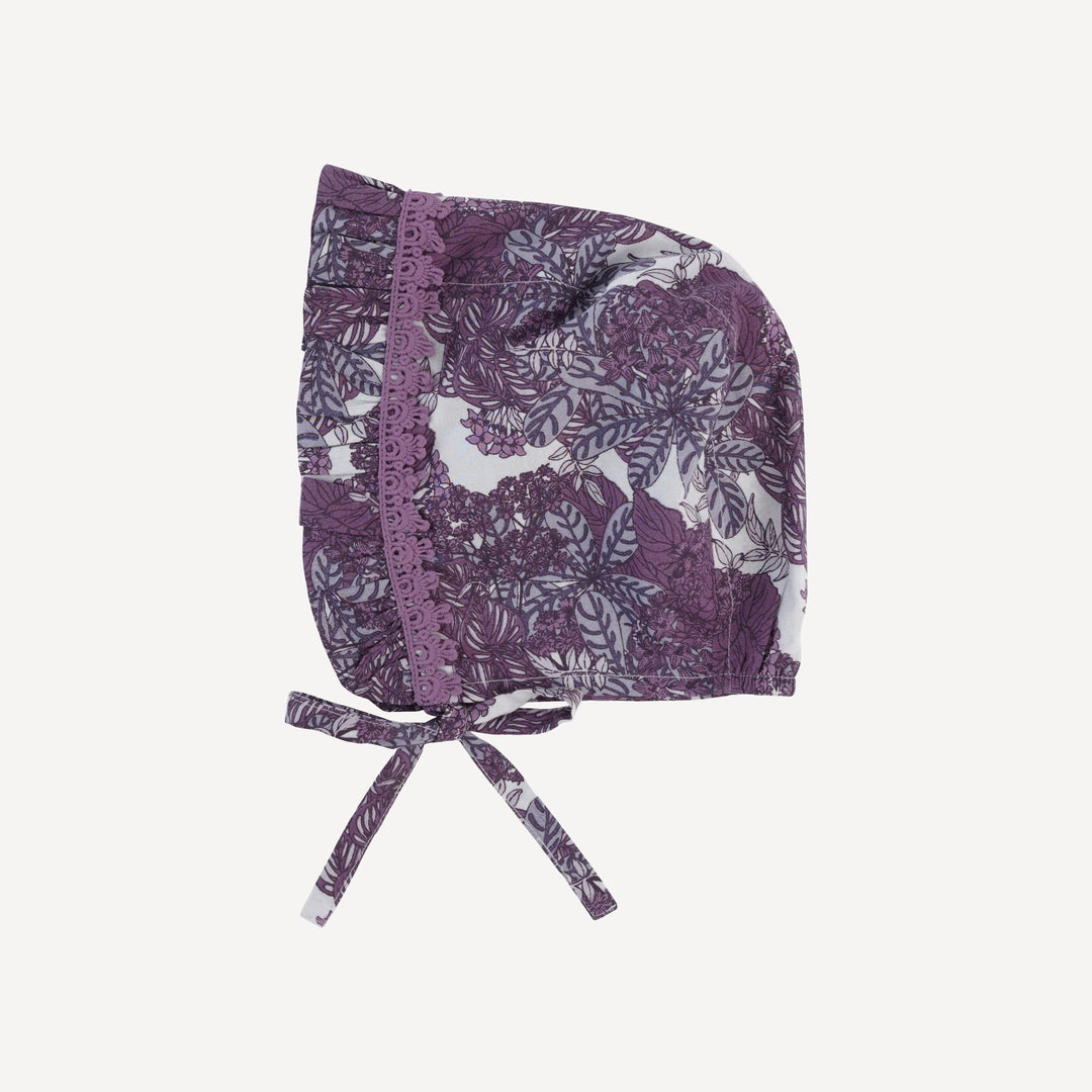 small ruffle lace bonnet | grape goldilocks floral | organic cotton woven