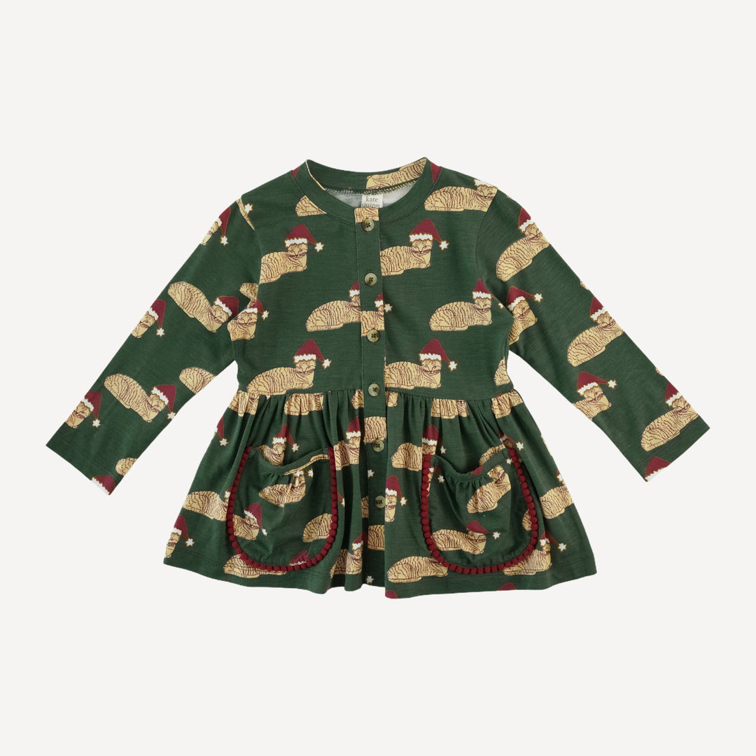 long sleeve gathered waist pom pom pocket top | santa sleeping cat | bamboo