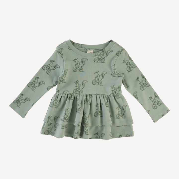 long sleeve double skirted ruffle top | squirrels on bike | organic cotton interlock