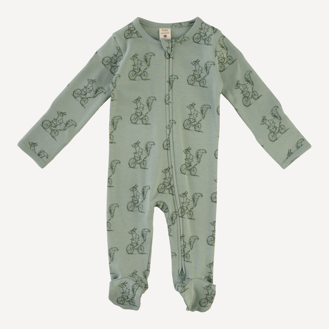 long sleeve two way zipper footie | squirrels on bike | organic cotton interlock