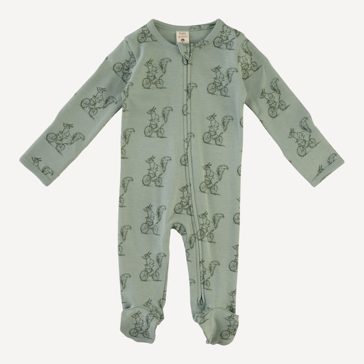 long sleeve two way zipper footie | squirrels on bike | organic cotton interlock