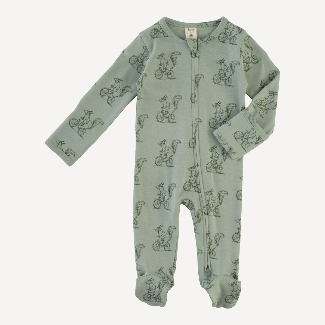 long sleeve two way zipper footie | squirrels on bike | organic cotton interlock