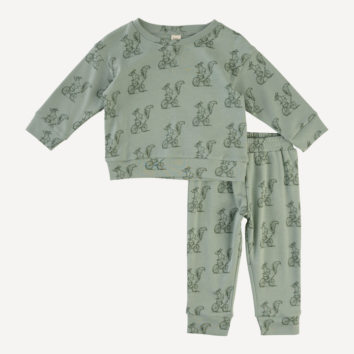 long sleeve cuffed jogger set | squirrels on bike | organic cotton interlock