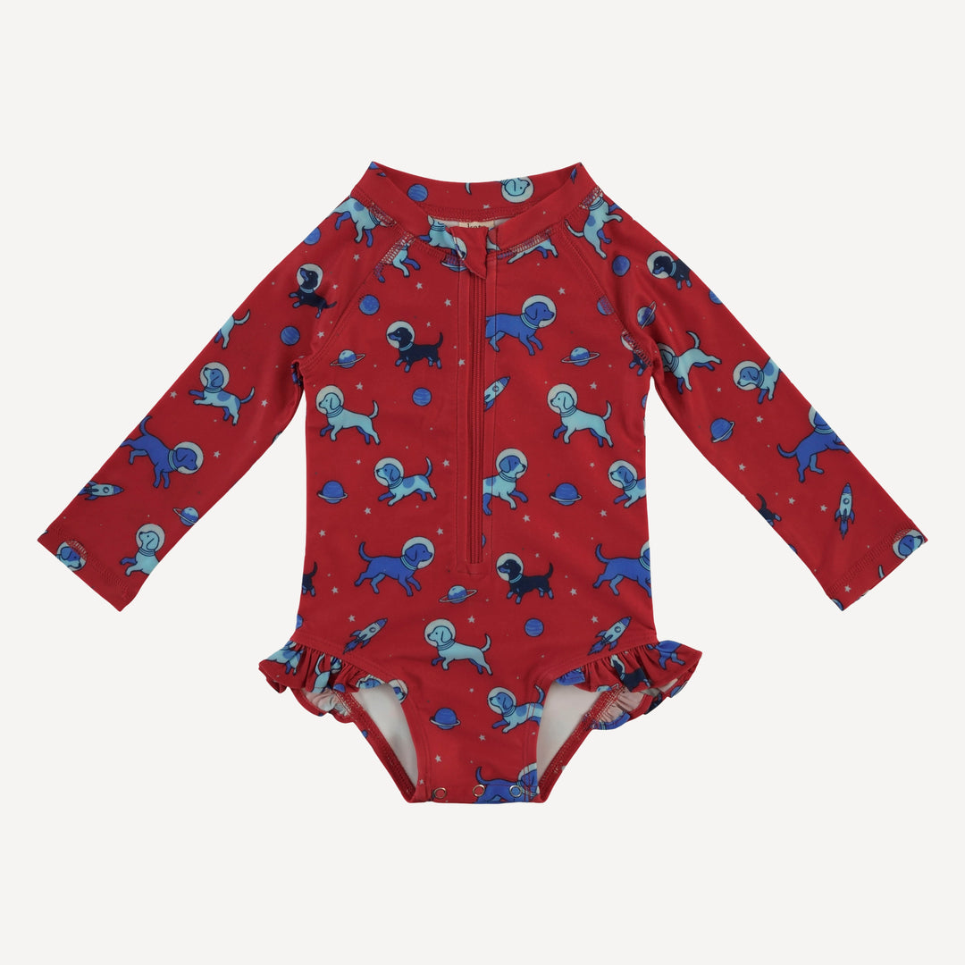 long sleeve zip front ruffle swimsuit | space pups | swim