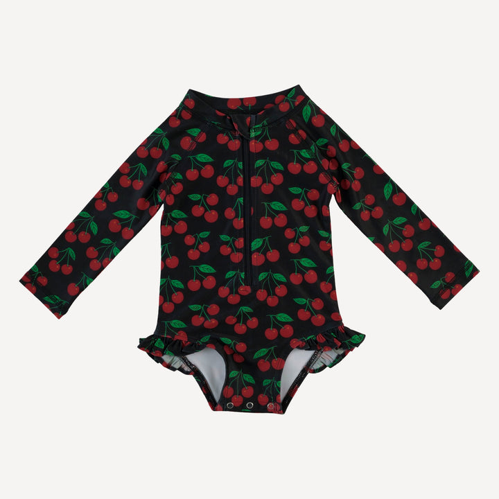 long sleeve zip front ruffle swimsuit | cherries | swim