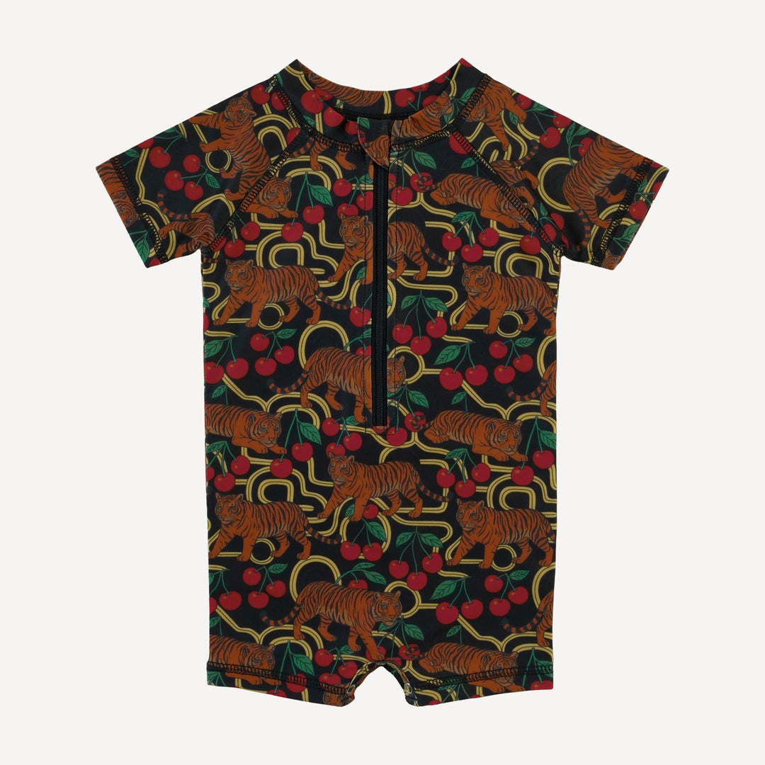 short sleeve zip front rash guard shortie | tiger + cherries | swim
