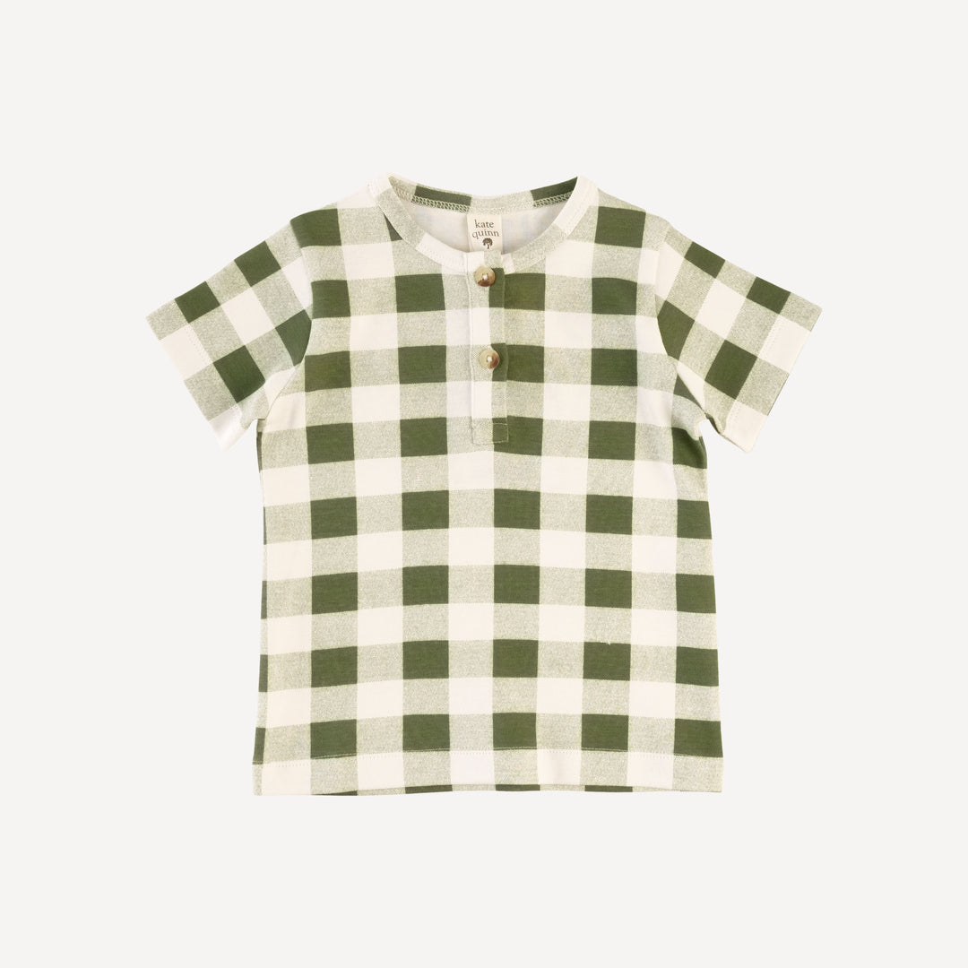 short sleeve basic henley tee | green gingham | organic cotton interlock