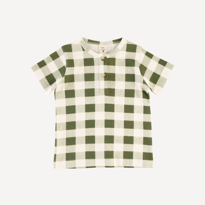 short sleeve basic henley tee | green gingham | organic cotton interlock