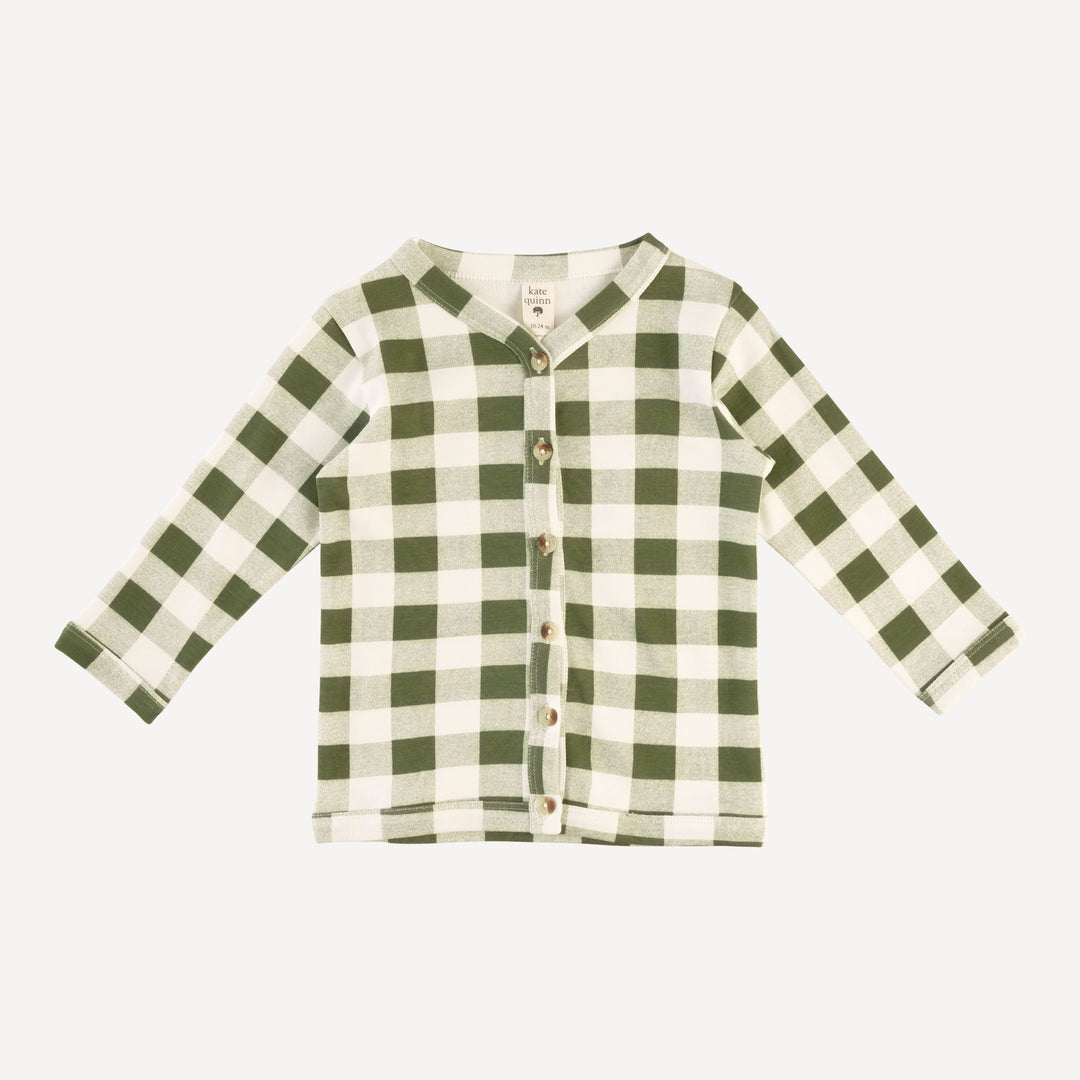 long sleeve classic v-neck cardigan | green gingham | organic cotton interlock