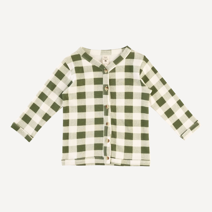 long sleeve classic v-neck cardigan | green gingham | organic cotton interlock