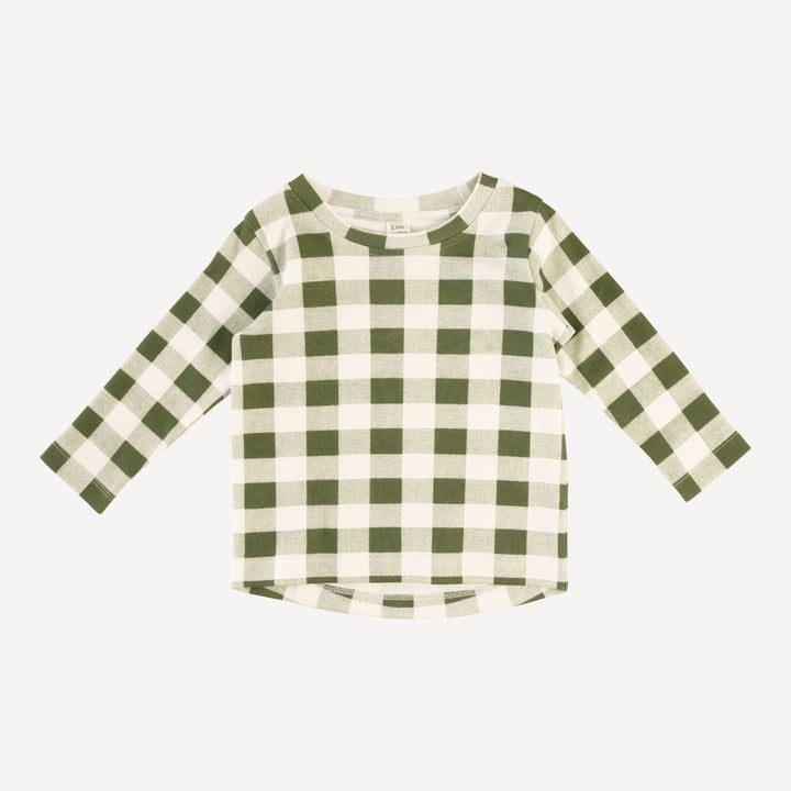 long sleeve essential boxy tee | green gingham | organic cotton interlock