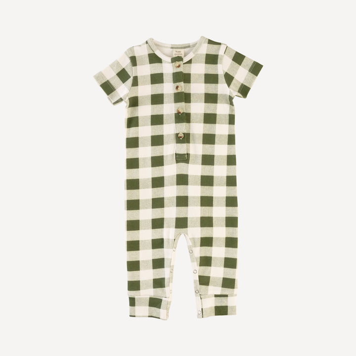short sleeve union suit | green gingham | organic cotton interlock