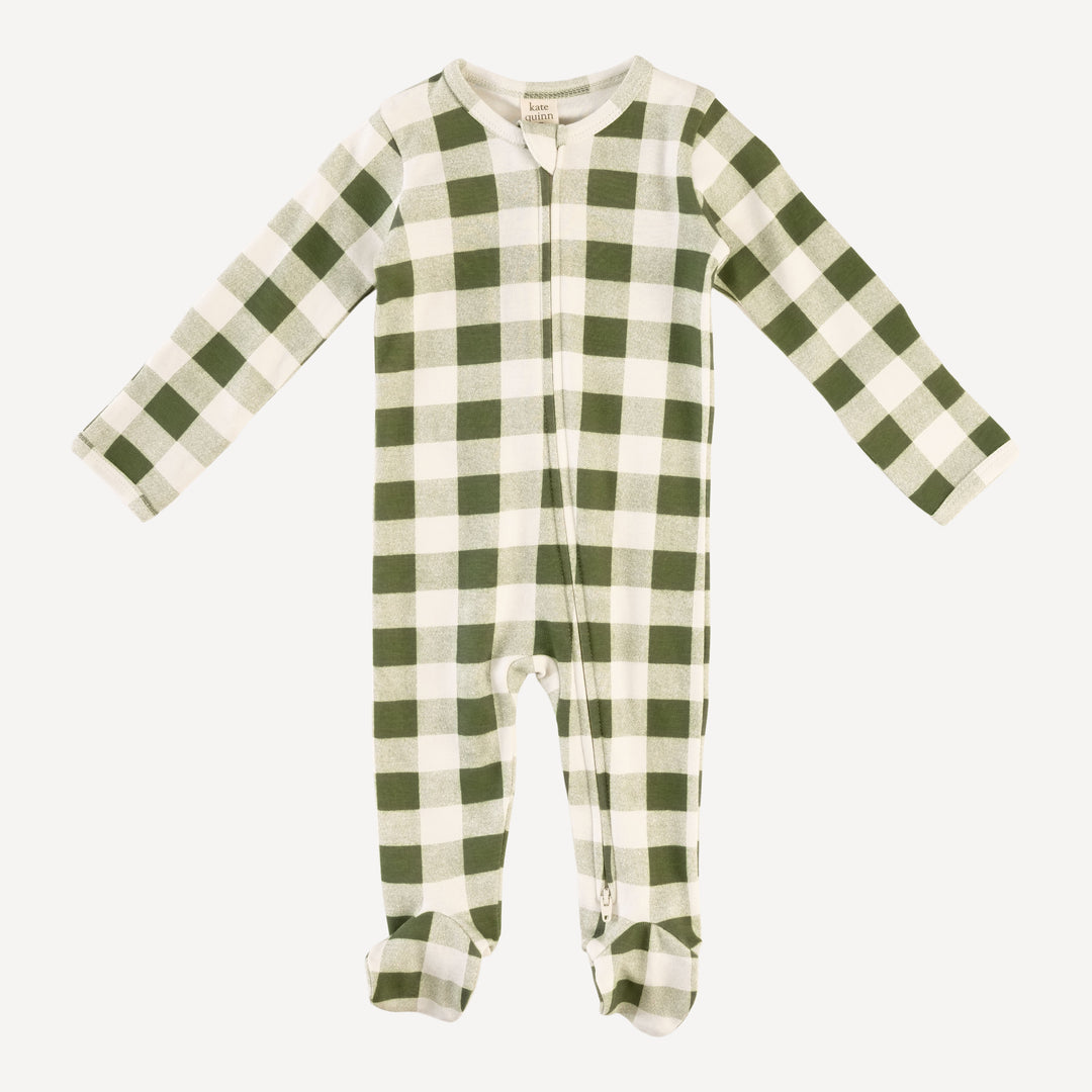 long sleeve two way zipper footie | green gingham | organic cotton interlock