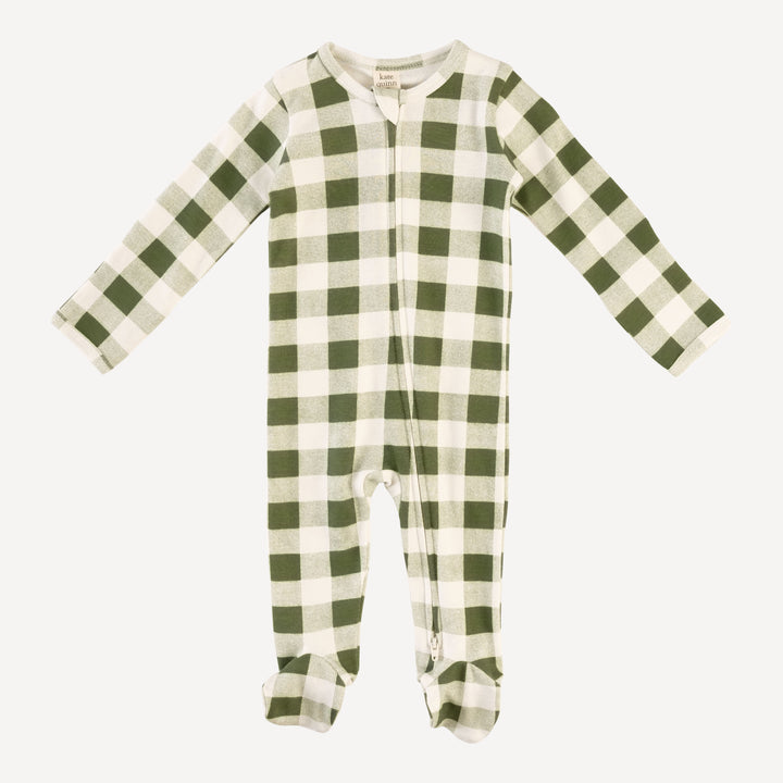 long sleeve two way zipper footie | green gingham | organic cotton interlock