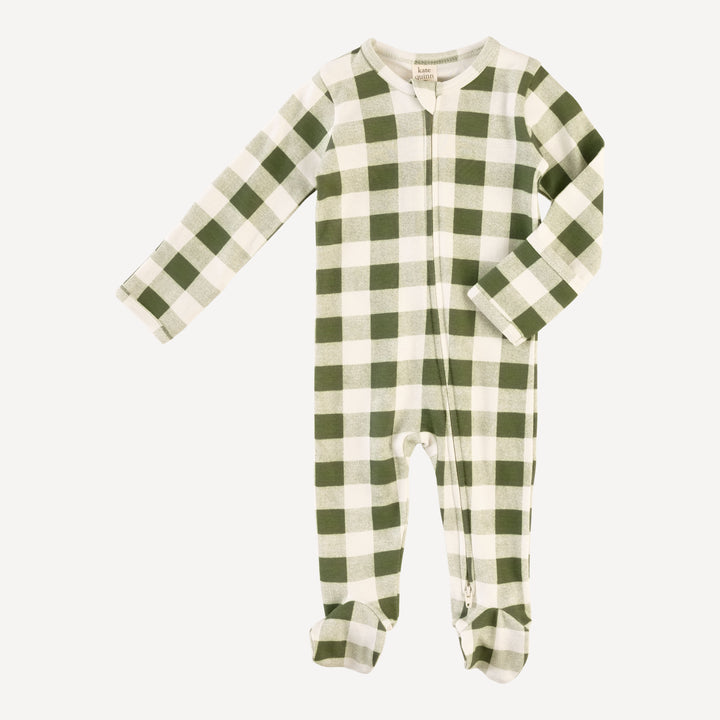 long sleeve two way zipper footie | green gingham | organic cotton interlock