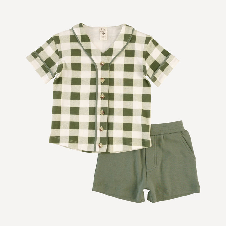piped baseball jersey + relaxed short set | green gingham | organic cotton interlock