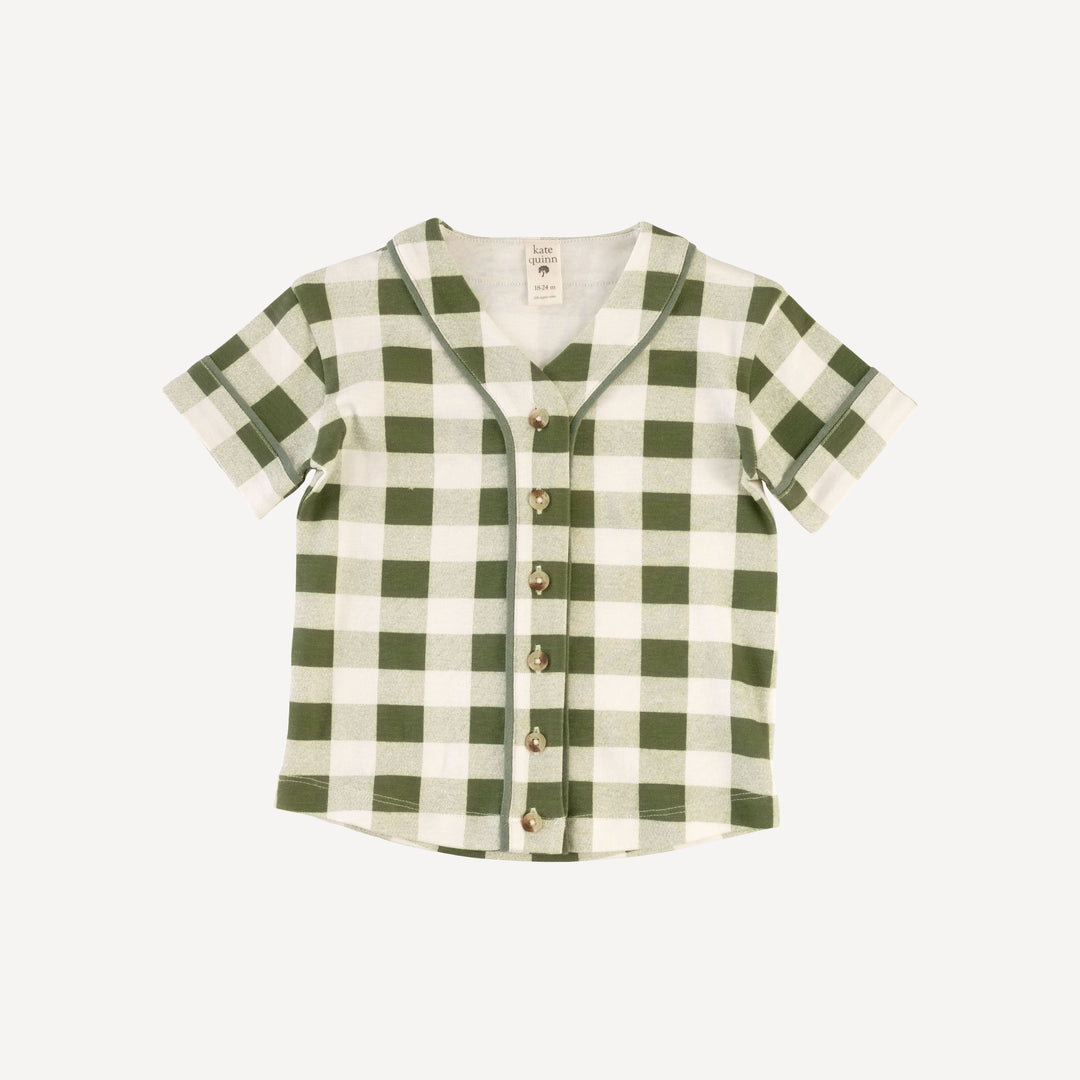 piped baseball jersey + relaxed short set | green gingham | organic cotton interlock