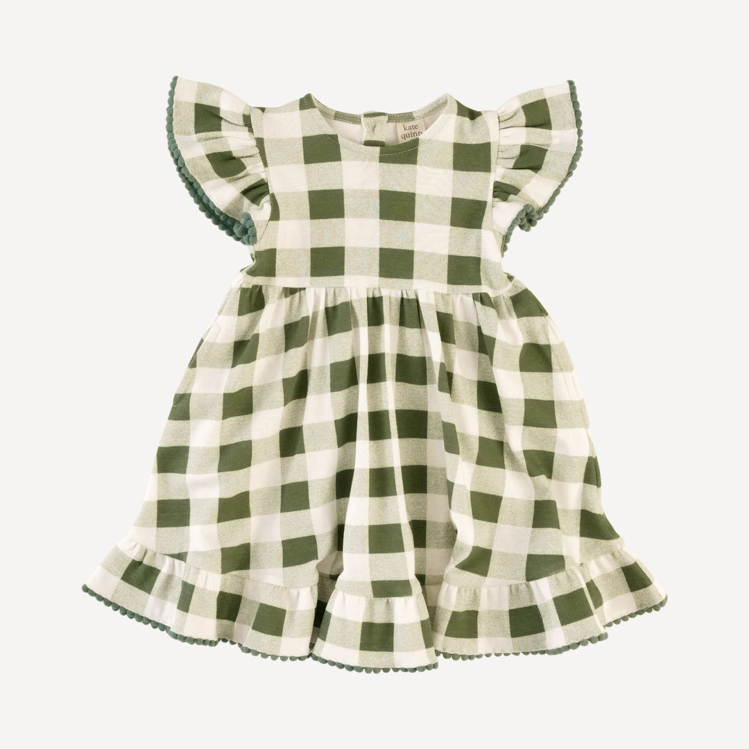 flutter sleeve pom pom pinafore dress | green gingham | organic cotton interlock