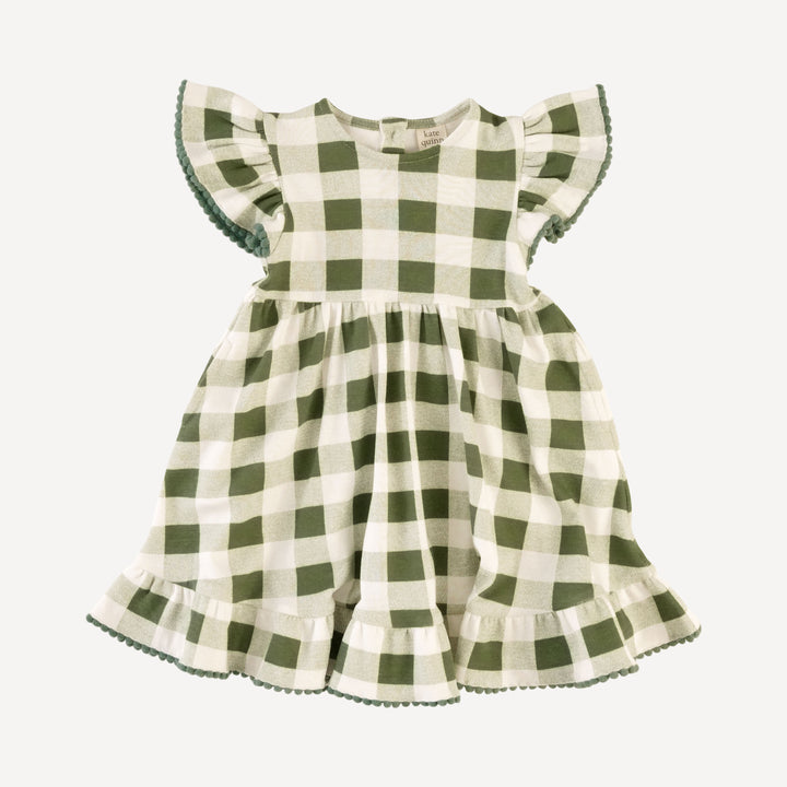 flutter sleeve pom pom pinafore dress | green gingham | organic cotton interlock