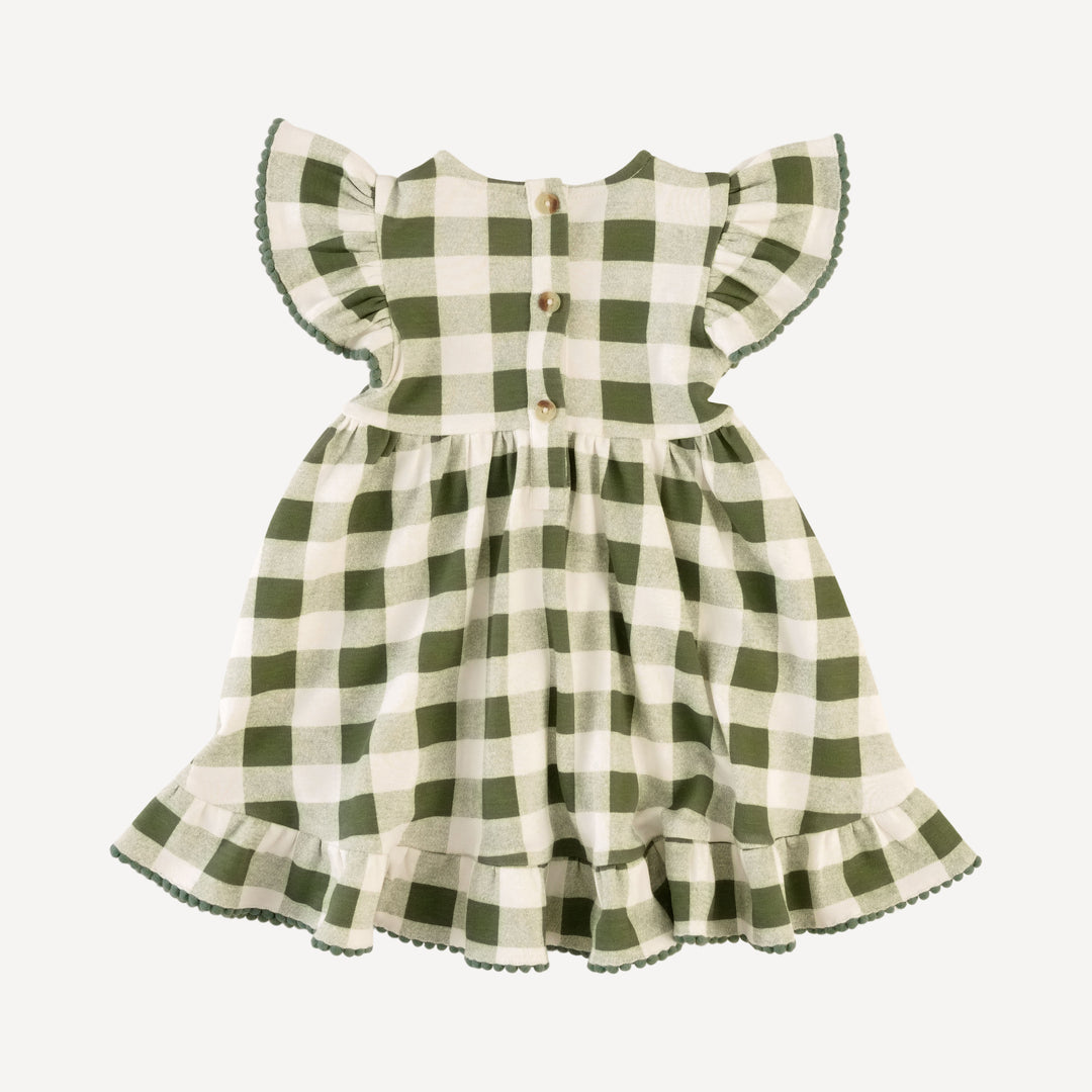 flutter sleeve pom pom pinafore dress | green gingham | organic cotton interlock