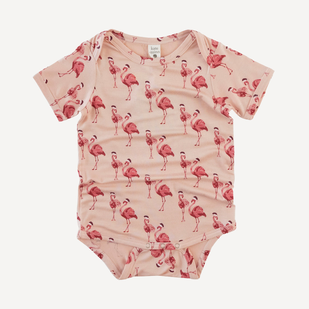 short sleeve lap neck bodysuit | flamingo santa | bamboo