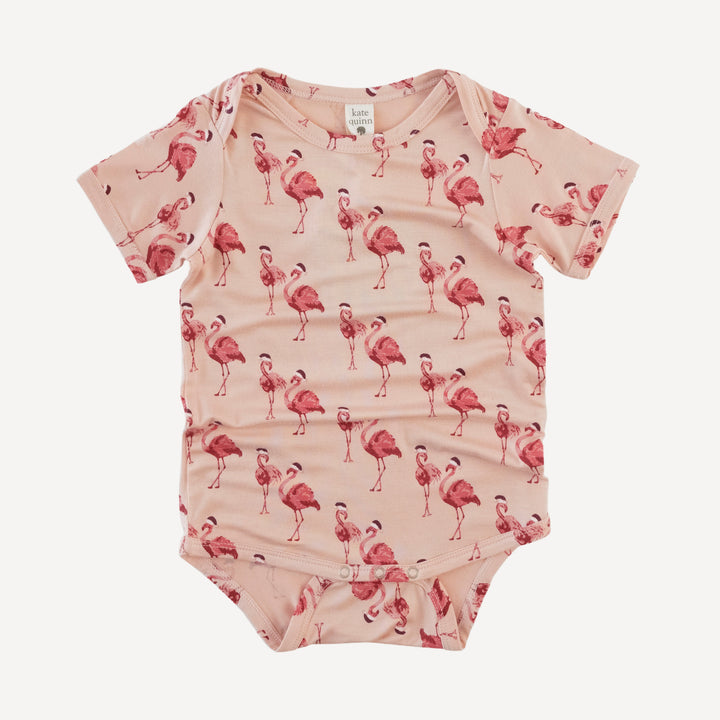 short sleeve lap neck bodysuit | flamingo santa | bamboo