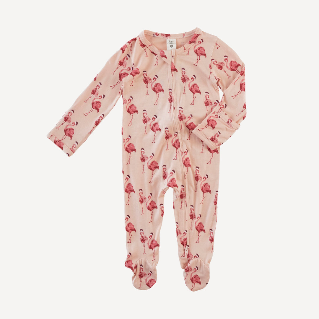 long sleeve two way zipper footie | flamingo santa | bamboo