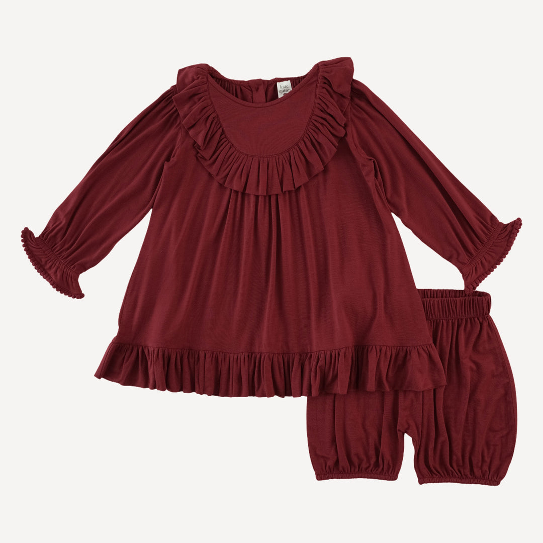 long sleeve gathered ruffle yoke dress + bloomer set | winter berry | bamboo