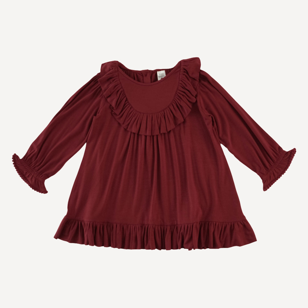 long sleeve gathered ruffle yoke dress + bloomer set | winter berry | bamboo