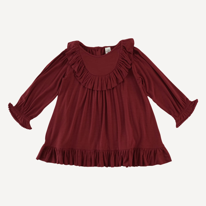 long sleeve gathered ruffle yoke dress + bloomer set | winter berry | bamboo