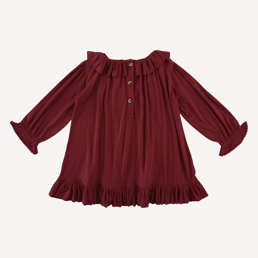 long sleeve gathered ruffle yoke dress + bloomer set | winter berry | bamboo