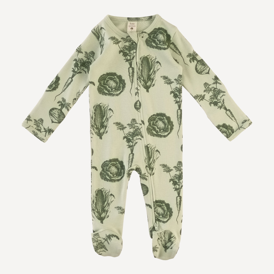 long sleeve two way zipper footie | green veggies | organic cotton interlock