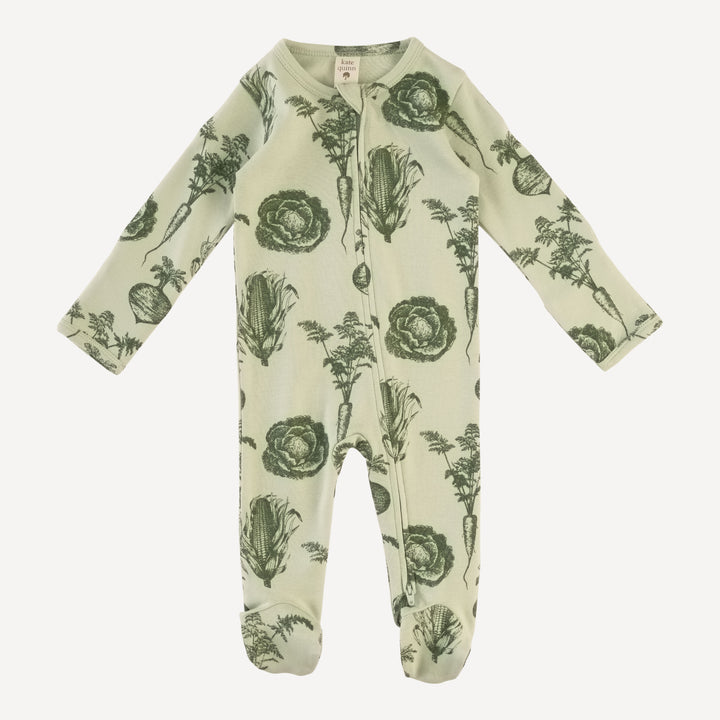 long sleeve two way zipper footie | green veggies | organic cotton interlock