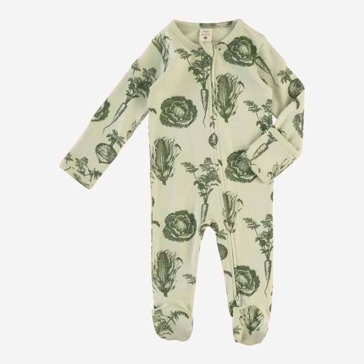 long sleeve two way zipper footie | green veggies | organic cotton interlock