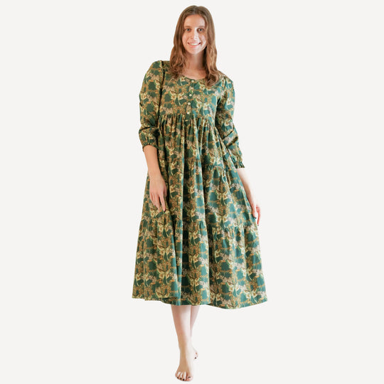 womens long sleeve prairie dress | green moth wallpaper | organic cotton mid-weight woven