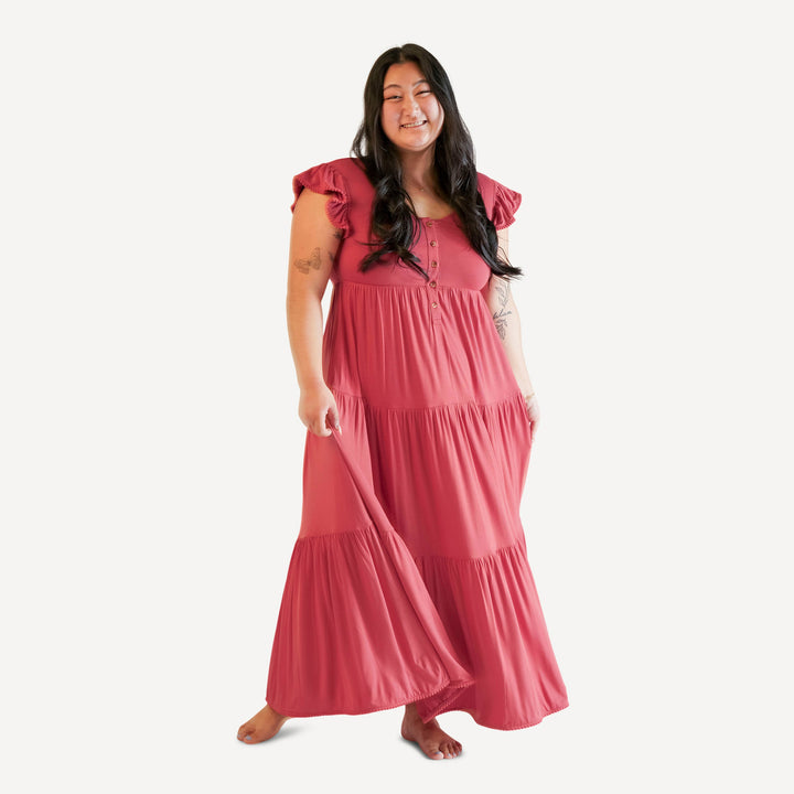 womens sleeveless ruffle prairie dress | berry | bamboo