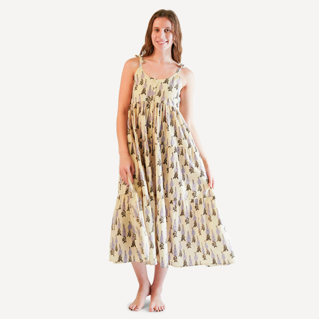 womens spaghetti tie button prairie dress | foxglove | organic cotton mid-weight woven
